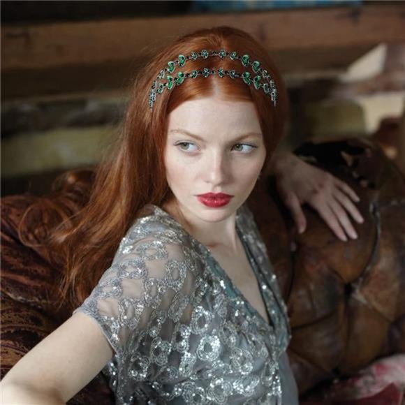 Flatser Green Crystal Bridal Headpiece Double Layer Silver Rhinestone main image 6